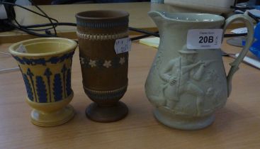 EDWARD WALLY AND SONS, PALE GREEN DRAB WARE JUG, EMBOSSED WITH A SPORTSMAN DUCK SHOOTING, CIRCA