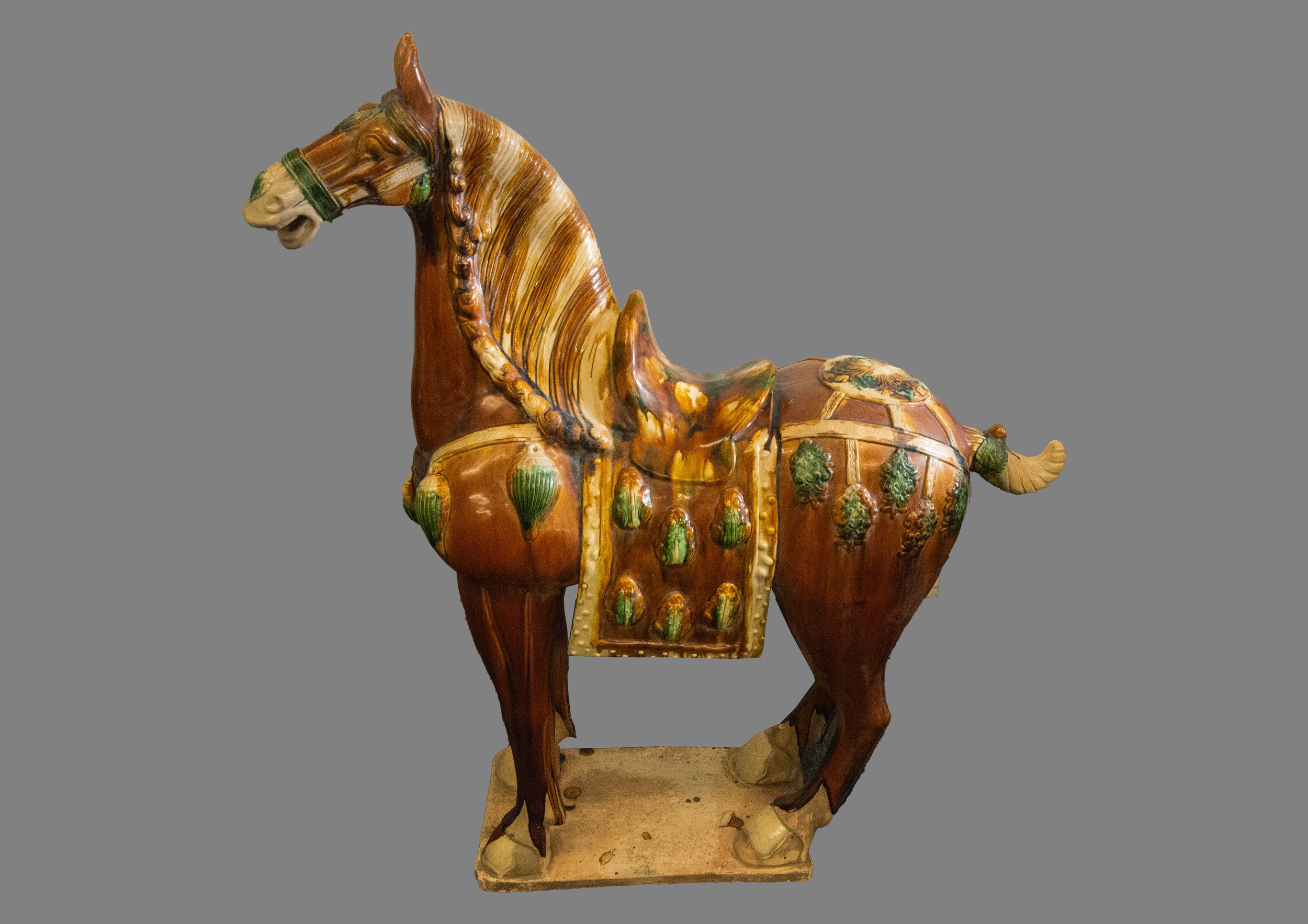 MODERN CHINESE EGG AND SPINACH GLAZED POTTERY LARGE MODEL OF A TANG HORSE, modelled standing, on