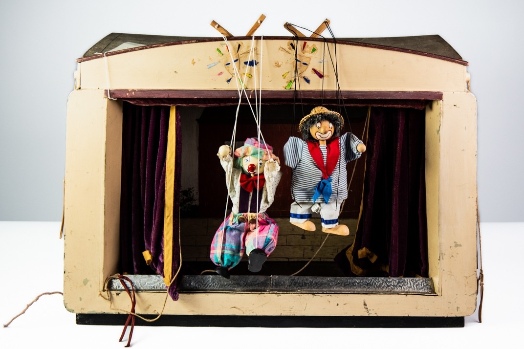 VINTAGE, PROBABLY 1950s, SCRATCH BUILD WOOD MARIONETTE THEATRE, with deep purple plush fabric