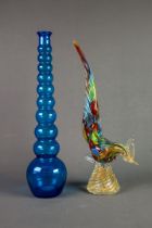 MURANO COLOURED GLASS MODEL OF COCKEREL, modelled with tail raised, on a conical, gilt dusted
