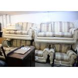 LARGE JOHN LEWIS LOUNGE SUITE, IN BANDED IVORY BROCADE, COMPRISING; THREE TWO-SEATER SOFAS AND TWO