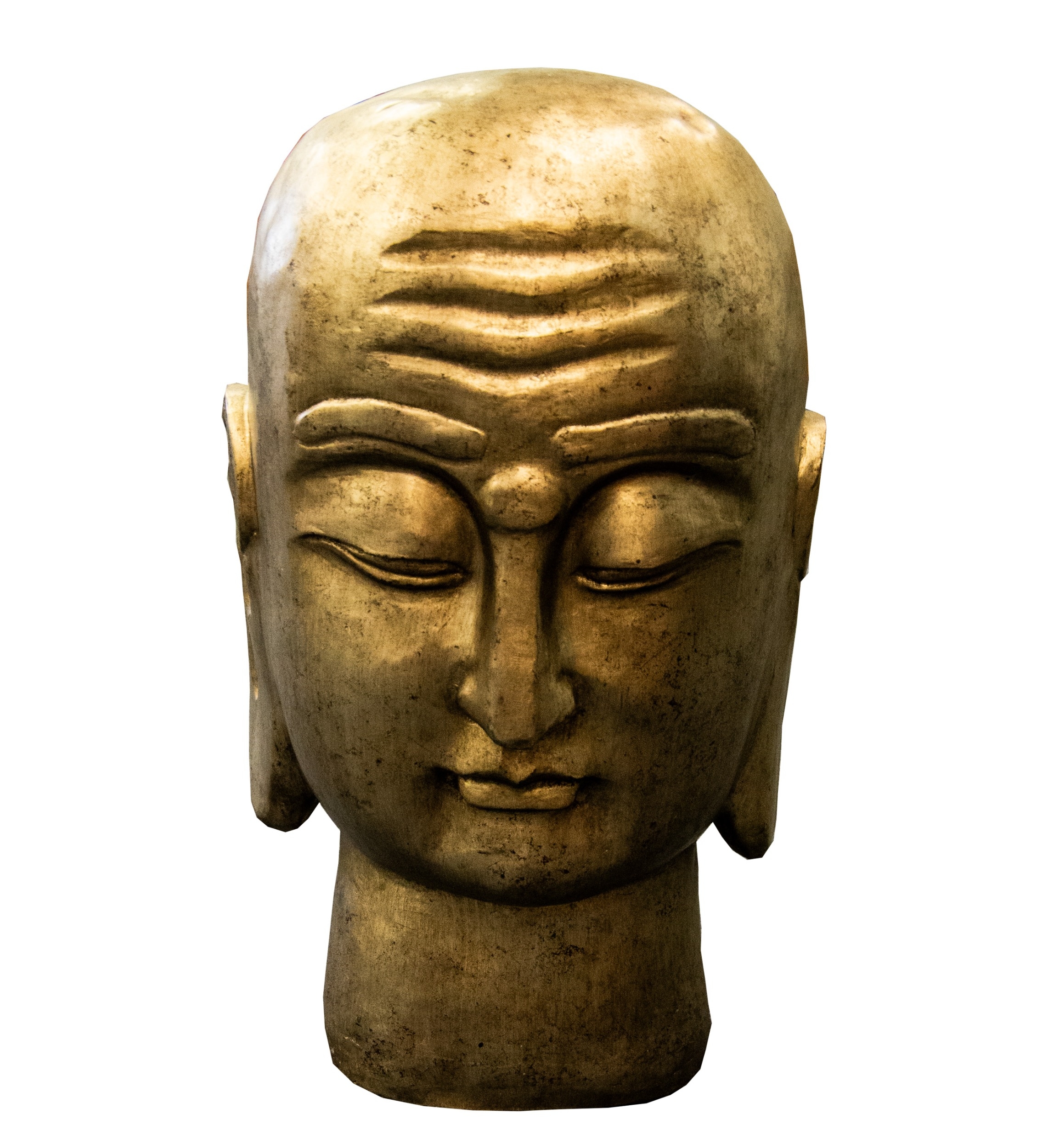 PARLANE SILVER GILT RESIN BUDDHAS HEAD, typically modelled, 30” (76.2cm) high, label to the base