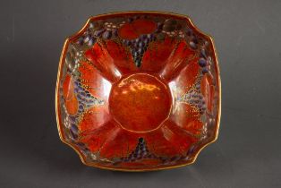 ROYAL WORCESTER CROWN WARE LUSTRE PORCELAIN SQUARE BOWL with concave corners, the interior decorated