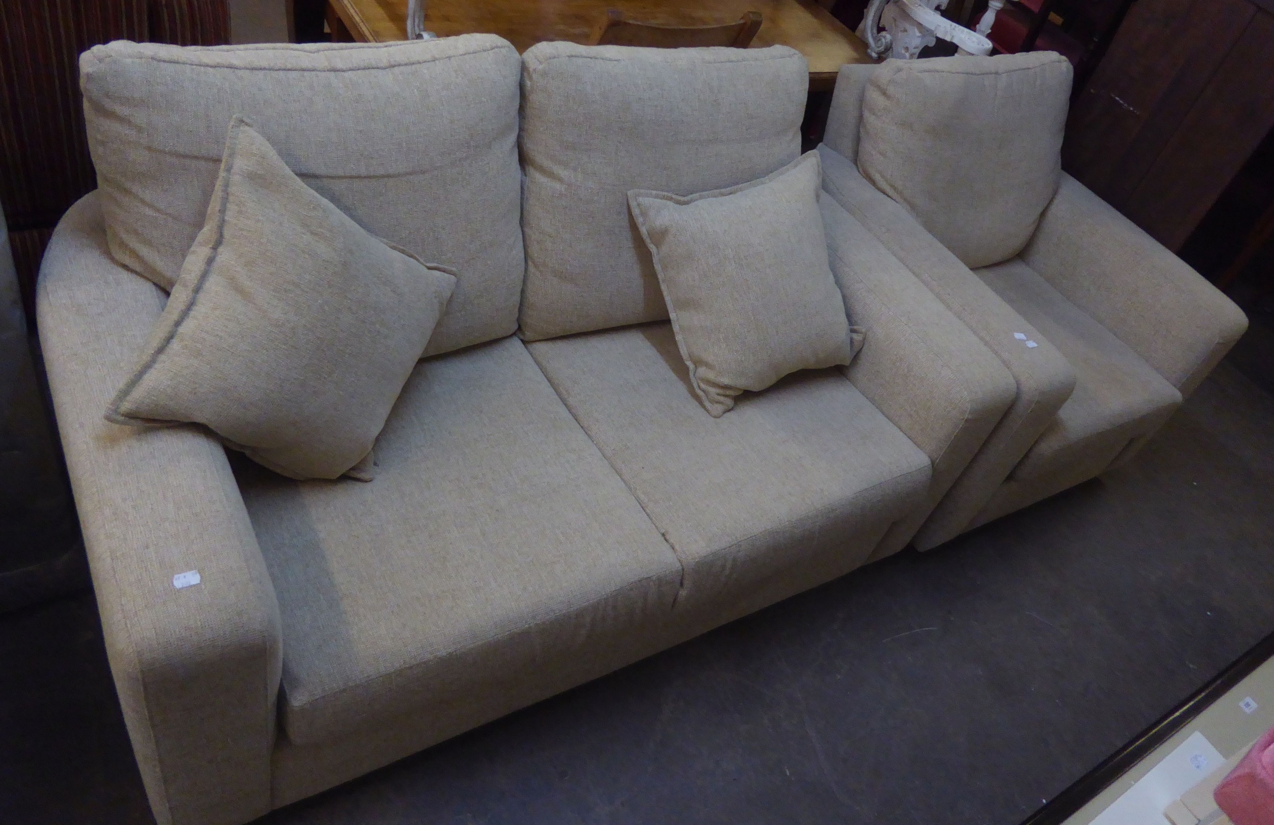 A PAIR OF TWO SEATER SETTEES; A MATCHING ARMCHAIR AND A OTTOMAN SQUARE STOOL, ALL COVERED IN OATMEAL - Image 2 of 3