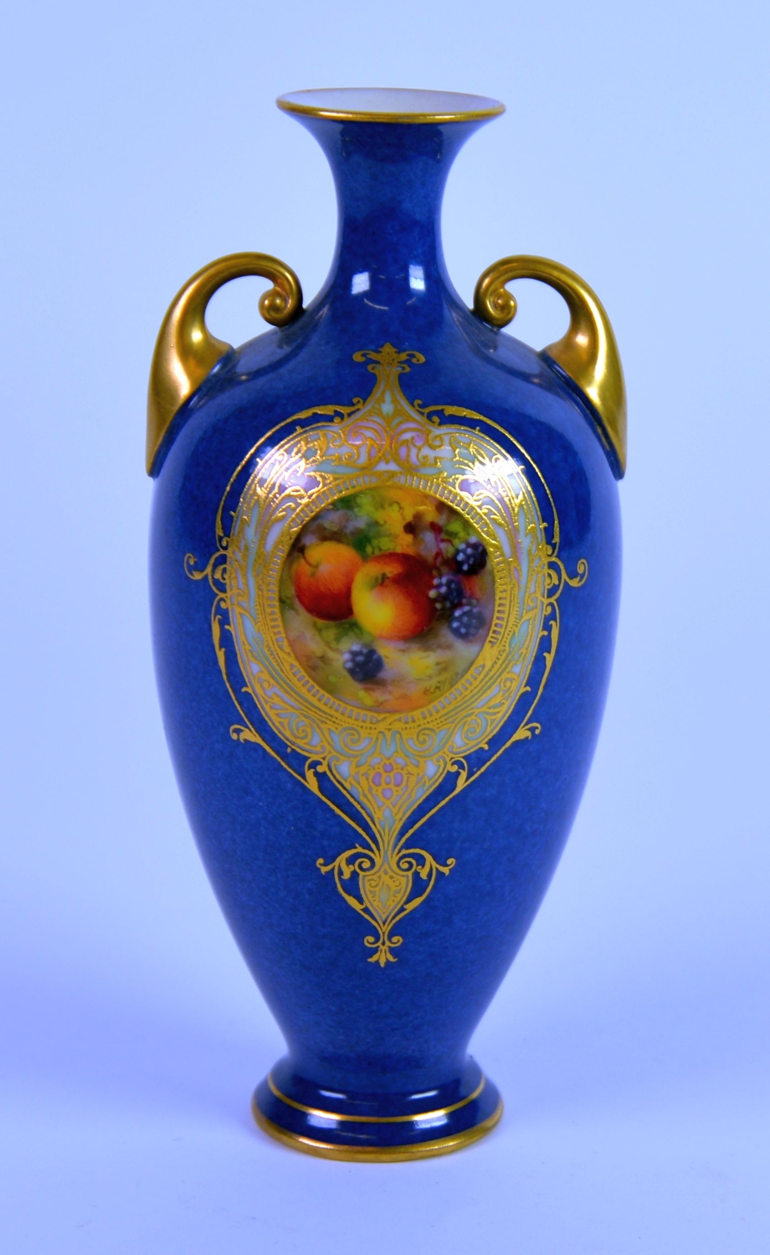 ROYAL WORCESTER FRUIT PAINTED POWDER BLUE PORCELAIN TWO HANDLED PEDESTAL VASE BY HARRY AYRTON, of