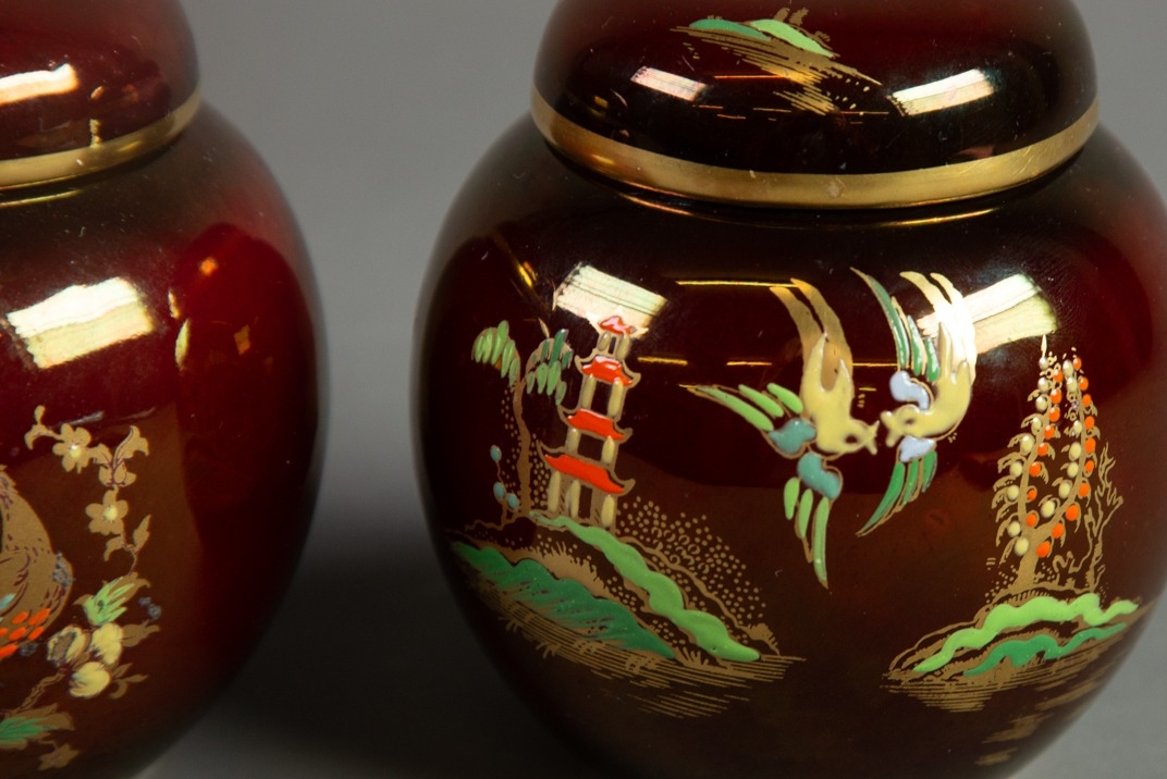 TWO CARLTON WARE ROUGE ROYAL SMALL POTTERY GINGER JARS AND COVERS, one of the MIKADO pattern, the - Image 3 of 3