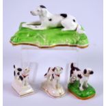 FOUR NINETEENTH CENTURY STAFFORDSHIRE PORCELAIN MODELS OF DOGS, comprising: THREE SMALL STANDING