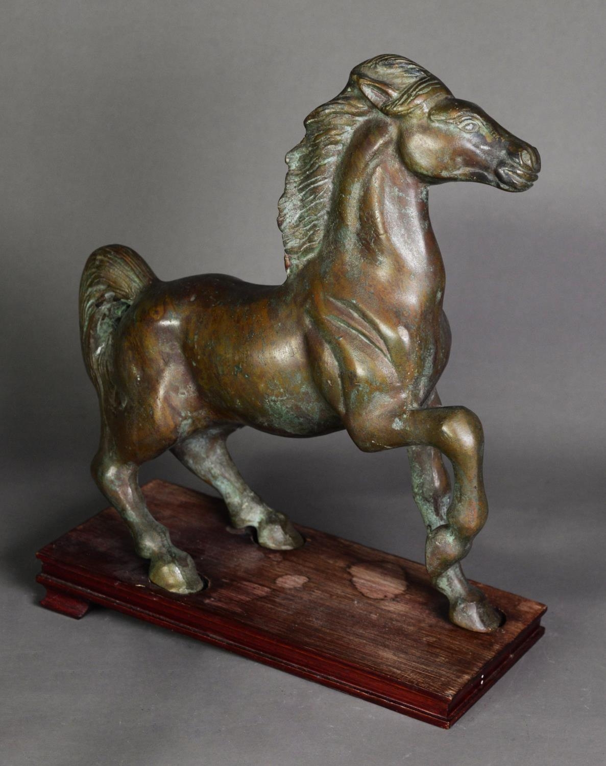 ORIENTAL ANTIQUE STYLE PATINATED BRONZE MODEL OF A HORSE, modelled with front right leg raised, - Image 2 of 2
