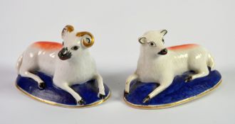 PAIR OF NINETEENTH CENTURY CHARLES BOURNE PORCELAIN MODELS OF RECUMBENT RAM AND EWE, each with burnt