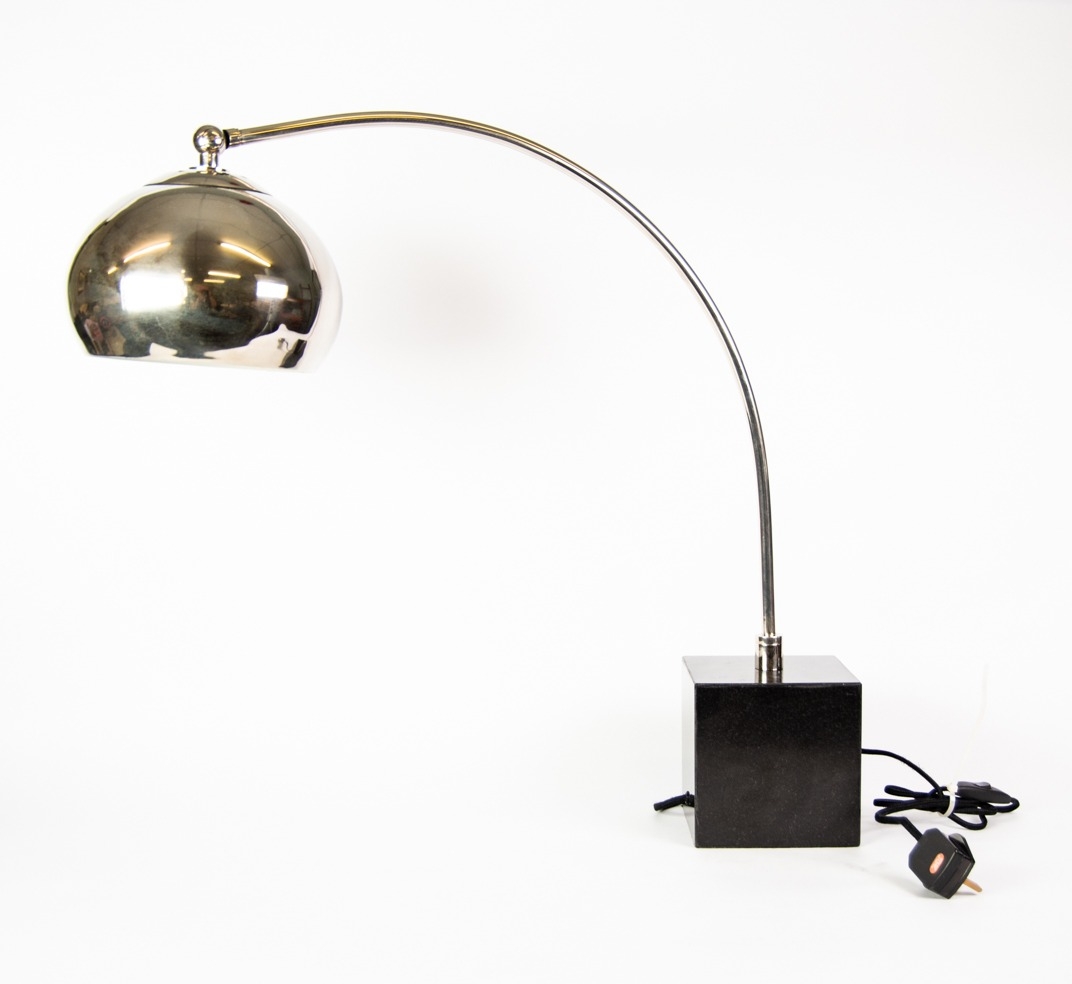 EICHHOLTZ POLISHED BLACK MARBLE AND CHROME ARC TABLE LAMP, inspired by the Archille Castiglioni’s