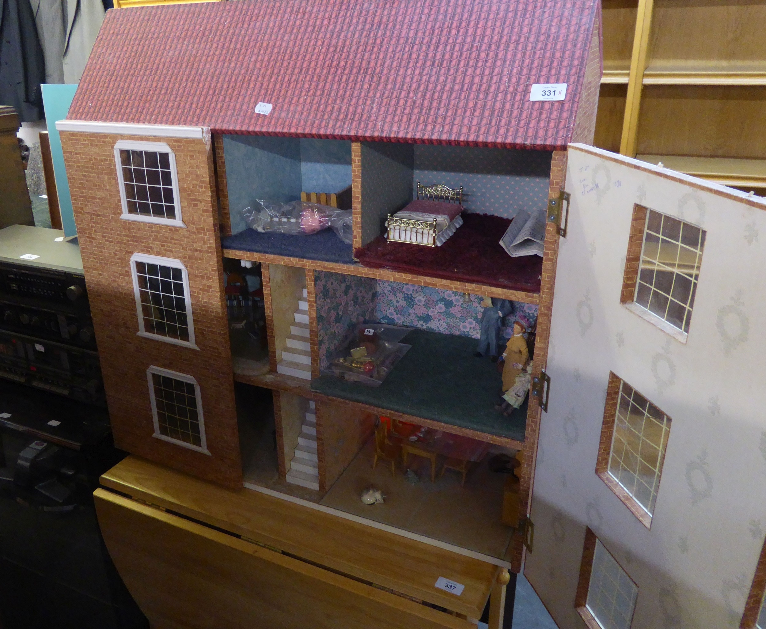 A THREE STOREY DOLLS HOUSE, HAVING TWO FULLY OPENING FRONT DOORS, AND A SELECTION OF DOLLS HOUSE - Image 2 of 2