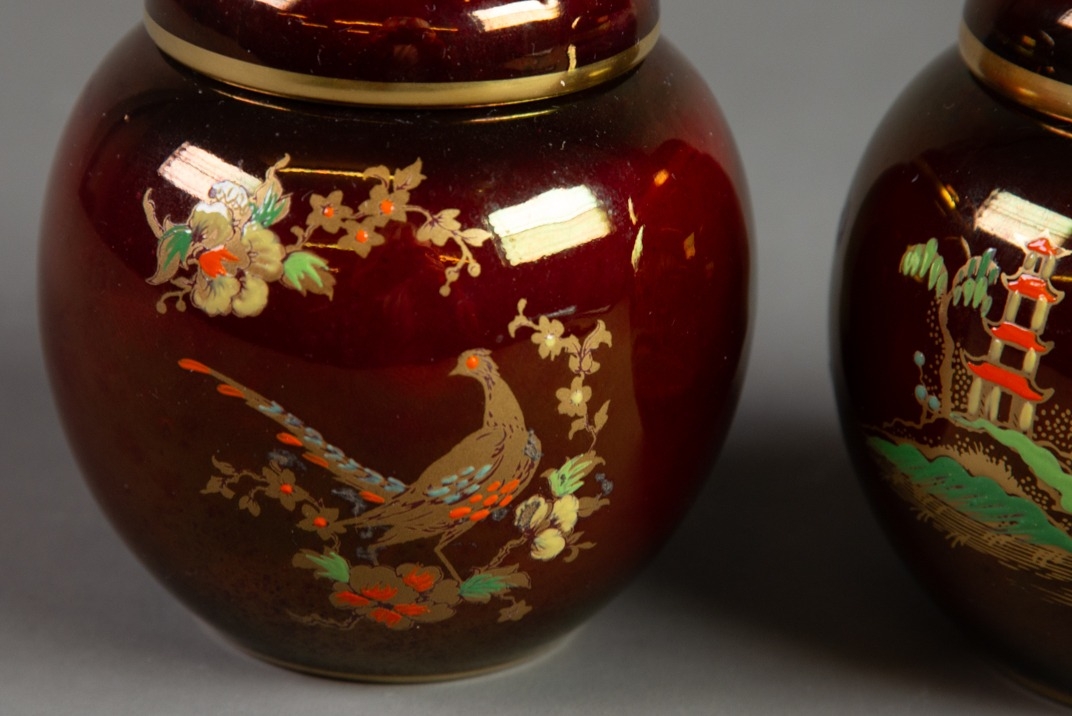 TWO CARLTON WARE ROUGE ROYAL SMALL POTTERY GINGER JARS AND COVERS, one of the MIKADO pattern, the - Image 2 of 3