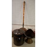 COPPER AND BRASS COAL HELMET WITH CERAMIC HANDLES, BRUSH, OXYDISED METAL COAL VASE AND COVER AND A