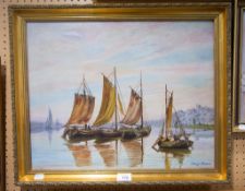 ALONSO FRANCA OIL PAINTING MOORED FISHING BOATS - TOGETHER WITH F. DUNACHIE '69 COUNTRY SCENE AND AN