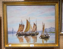 ALONSO FRANCA OIL PAINTING MOORED FISHING BOATS - TOGETHER WITH F. DUNACHIE '69 COUNTRY SCENE AND AN