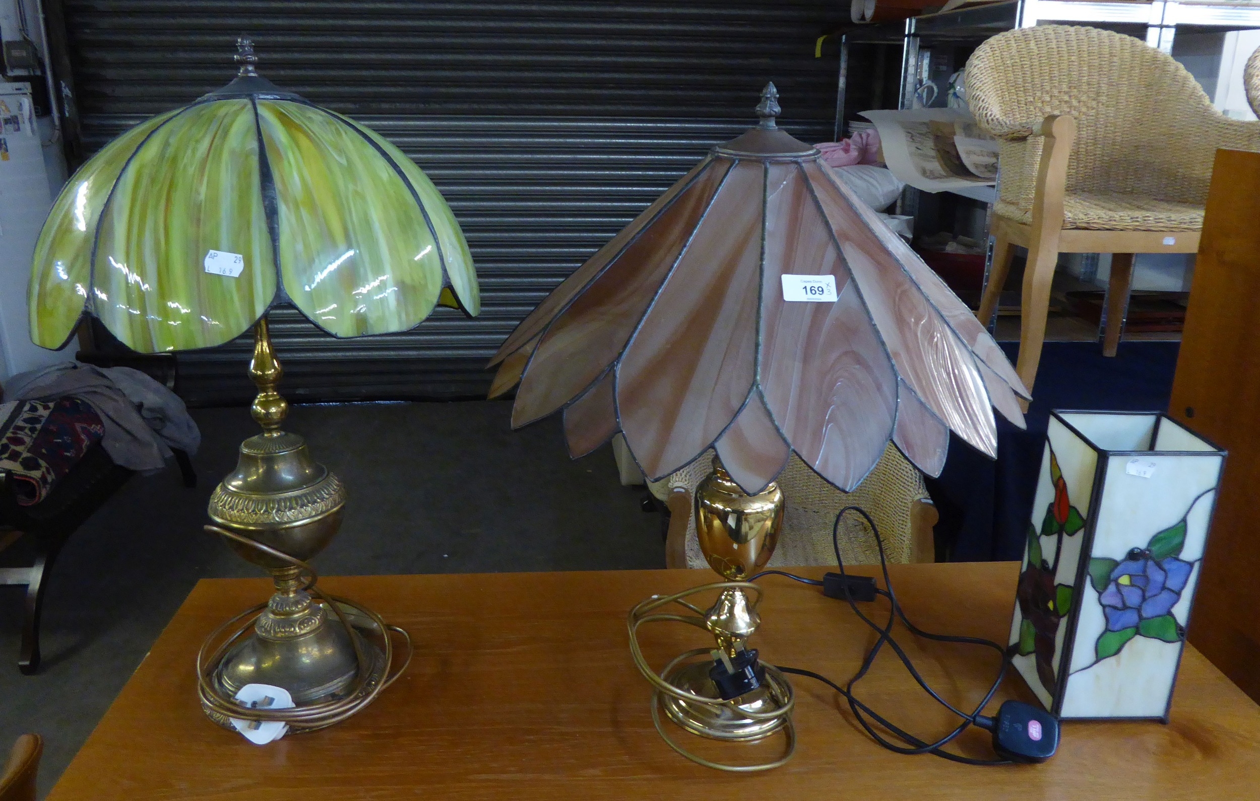 THREE TIFFANY STYLE TABLE LAMPS WITH RESIN SHADES, (1 SHADE A.F.) ON METAL BASES (3)