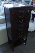 MAHOGANY MUSIC CABINET WITH SEVEN DRAWERS AND UNDER SHELF, BRASS DROP HANDLES, 1’8” WIDE, 3’9” HIGH