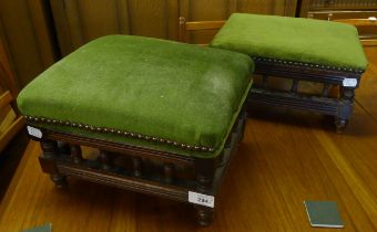 PAIR OF VICTORIAN TABOURET FOOT STOOLS RECTANGULAR WITH GREEN VELVET UPHOLSTERY