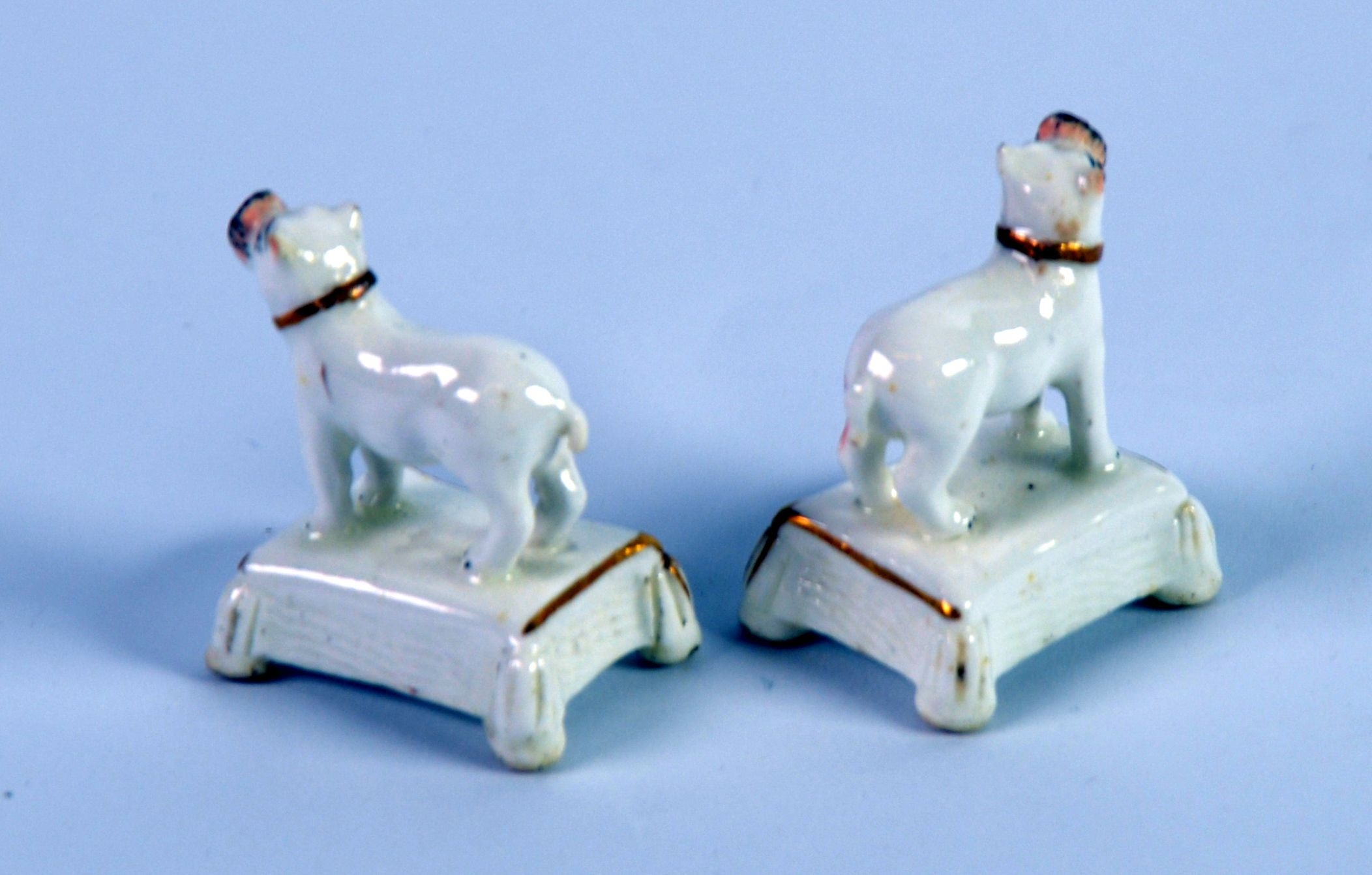 PAIR OF NINETEENTH CENTURY STAFFORDSHIRE PORCELAIN MINIATURE MODELS OF PUGS, each modelled - Image 2 of 2