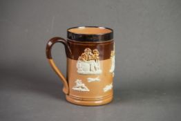 ROYAL DOULTON (LAMBETH) STONEWARE PINT MUG, sprigged with topers, huntsman, hounds and stag,
