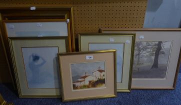 WATERCOLOUR 'CONTINENTAL BUILDING' AND ANOTHER 'LANDSCAPE WITH TREES' AND FOUR OTHER COLOUR