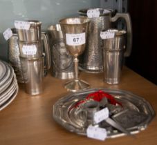 A SET OF FIVE SCANDINAVIAN PEWTER SPIRIT BEAKERS, A SOUVENIR BEAKER, CARD TRAY AND BOTTLE OPENER;