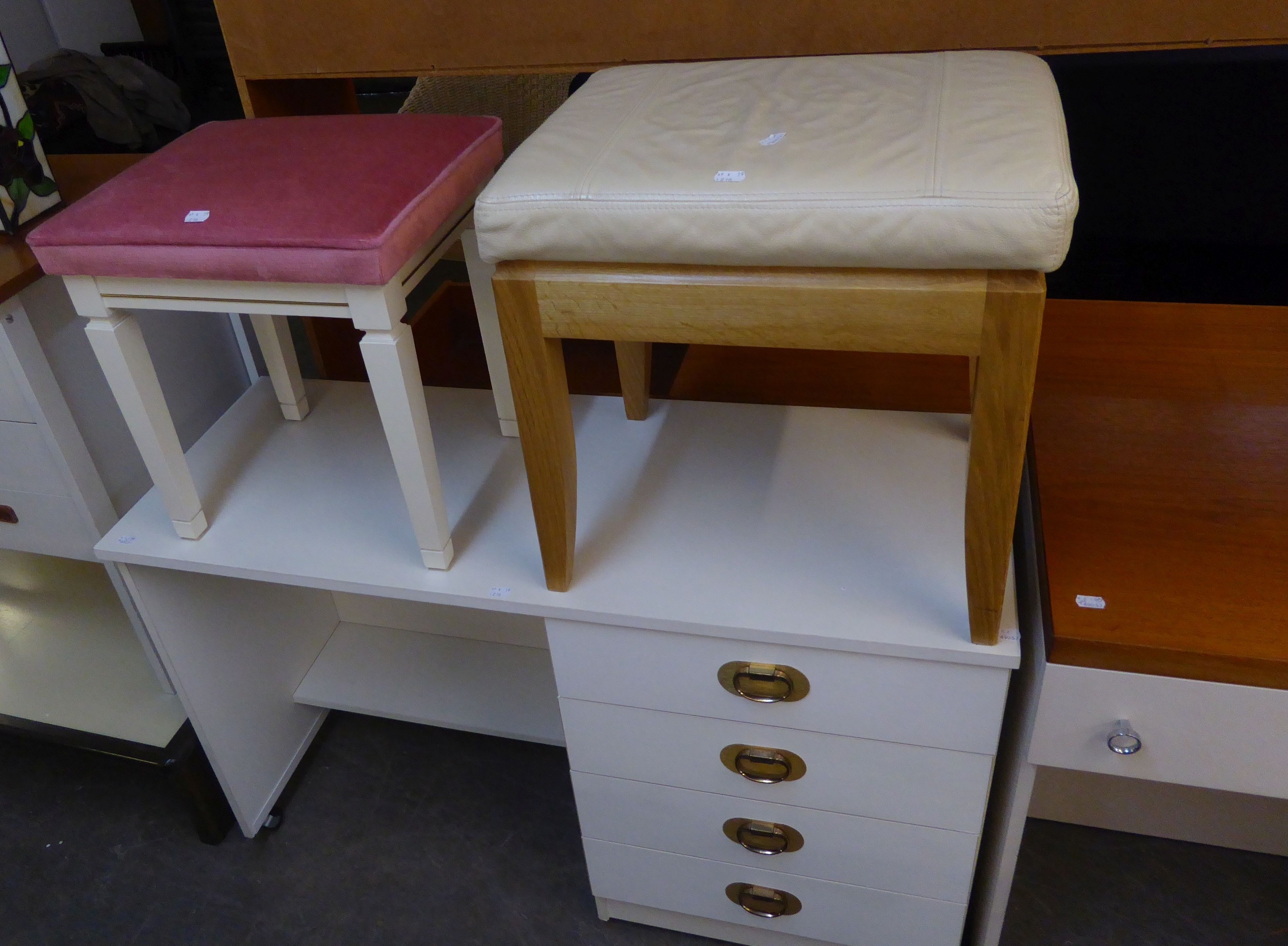 MODERN KNEEHOLE DRESSING TABLE WITH TEAK TOP HAVING FOUR DRAWERS AND STOOL AND ANOTHER MODERN - Image 2 of 2