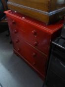 VICTORIAN RED PAINTED PINE CHEST OF TWO SHORT AND THREE GRADUATED LONG DRAWERS, WITH KNOB HANDLES,