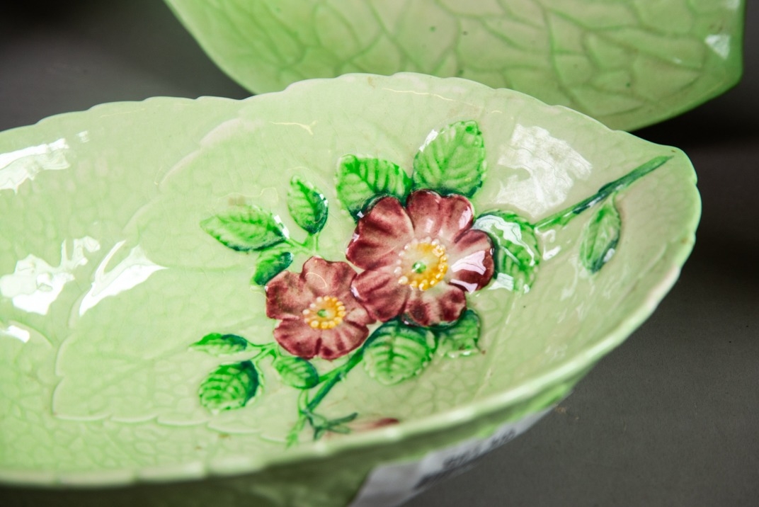 FIVE PIECES OF CARLTON WARE GREEN GLAZED MOULDED POTTERY WITH FLORAL DECORATION, comprising: - Image 4 of 4