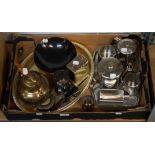 INDIAN BRASS TEA KETTLE; AND AN OVAL GALLERY TRAY, CLOCK, STAINLESS STEEL TEA SET ETC…..