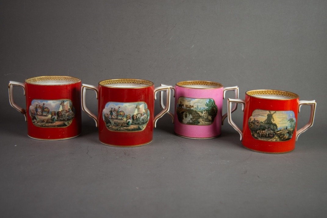 THREE NINETEENTH CENTURY PRATT & Co POTTERY TWO HANDLED LARGE LOVING CUPS, various scenes,