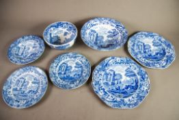 SEVEN PIECES OF SPODE ITALIAN PATTERN BLUE AND WHITE POTTERY DINNER WARES, comprising: SERVING DISH,