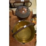 BRASS PRESERVE PAN AND A LARGE NINETEENTH CENTURY COPPER KETTLE AND AN ALUMINIUM JAM PAN (3)