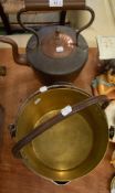 BRASS PRESERVE PAN AND A LARGE NINETEENTH CENTURY COPPER KETTLE AND AN ALUMINIUM JAM PAN (3)