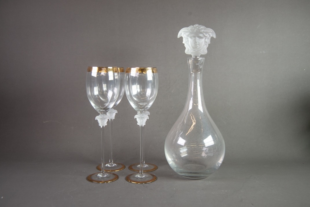 ROSENTHAL FOR VERSACE, CLEAR AND FROSTED GLASS DECANTER AND STOPPER AND SET OF FOUR MATCHING WINE