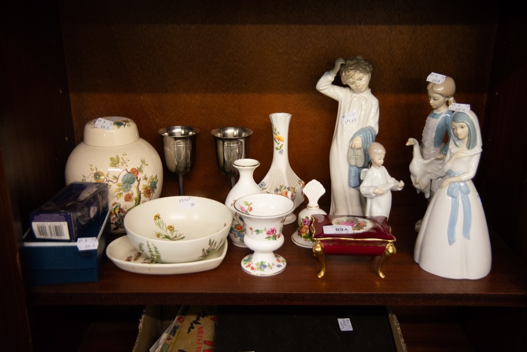 FOUR NAO FIGURES, A MASON'S GINGER JAR AND COVER, POOLE HEART SHAPED DISH AND BOWL, A PAIR OF