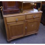 VICTORIAN PINE WASHSTAND WITH RAISED BACK, TWO DRAWERS OVER A CUPBOARD WITH TWO DOORS