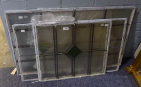 FIVE PIECES OF LEAD GLAZED WINDOWS, EACH WITH GREEN GLASS CENTRAL PIECE (5)