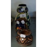 GOUDA, DUTCH, POTTERY DOUBLE GOURD SHAPED VASE AND A H & K TUNSTALL, FRUIT DECORATED JUG AND AN