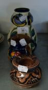 GOUDA, DUTCH, POTTERY DOUBLE GOURD SHAPED VASE AND A H & K TUNSTALL, FRUIT DECORATED JUG AND AN