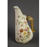 LATE VICTORIAN ROYAL WORCESTER PORCELAIN JUG with unusual GILDED RAM'S-HEAD SCROLL HANDLE, the IVORY