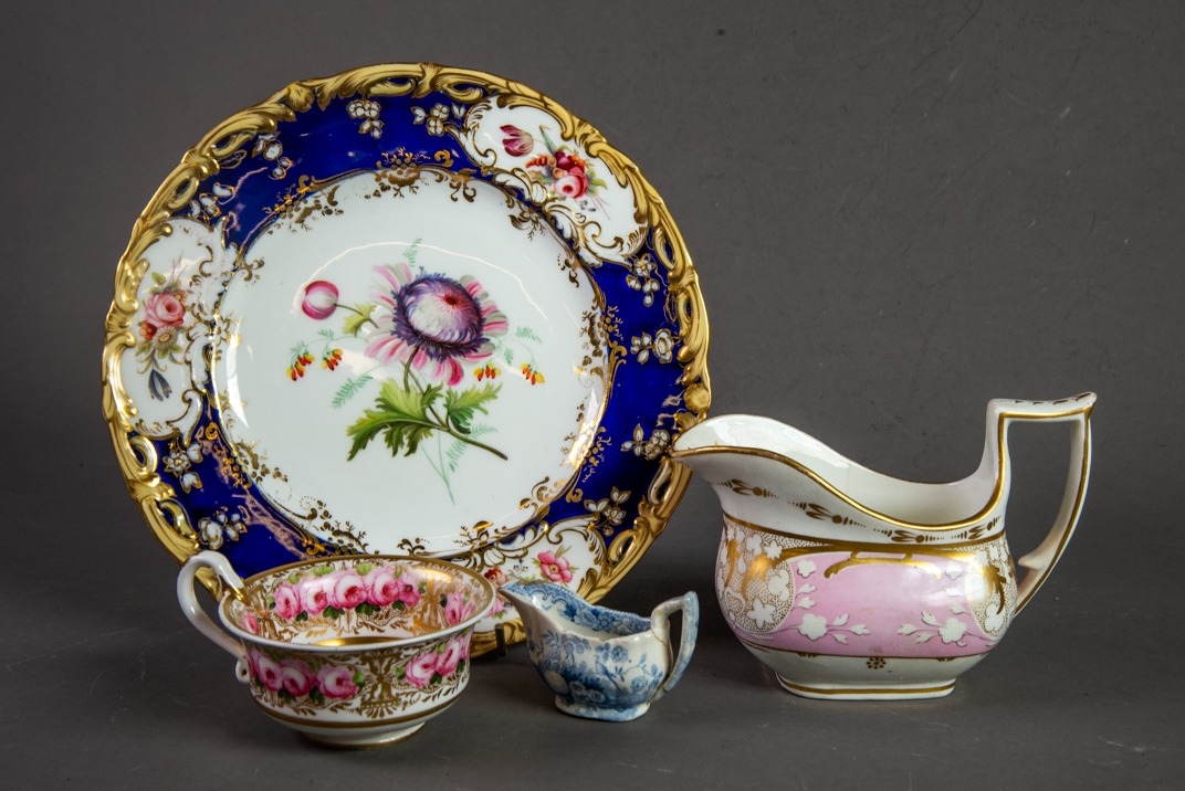 FOUR PIECES OF NINETEENTH CENTURY CERAMICS, comprising: JOHN ROSE PERIOD COALPORT SILVER SHAPED