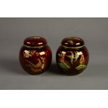 TWO CARLTON WARE ROUGE ROYAL SMALL POTTERY GINGER JARS AND COVERS, one of the MIKADO pattern, the