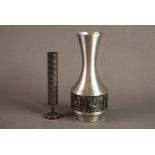 STYLISH SILVER PLATED CYLINDRICAL BUD VASE, on pedestal foot, stamped M&R, 6 ½” (16.5cm) high,