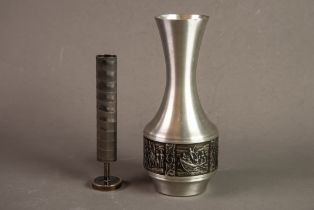 STYLISH SILVER PLATED CYLINDRICAL BUD VASE, on pedestal foot, stamped M&R, 6 ½” (16.5cm) high,
