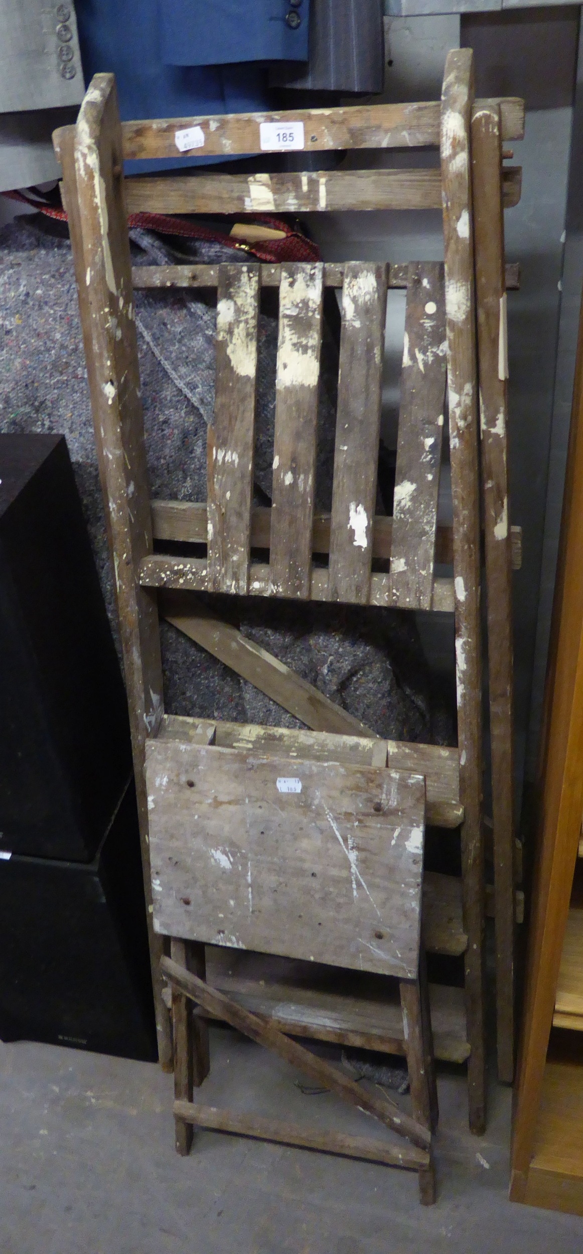 A SET OF VINTAGE WOOD STEP LADDERS AND A SIMILAR SMALLER SET (2)