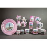 TWENTY EIGHT PIECES OF ‘MADE IN GERMANY’ BRITISH SOUVENIR PORCELAIN WITH PINK GROUNDS, including