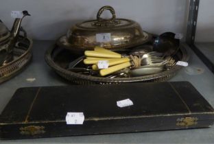 OVAL ELECTROPLATE ENTREE DISH, WITH DETACHABLE LOOP HANDLE, BOXED PAIR OF FISH SERVERS, AND SIX