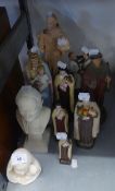RELIGIOUS FIGURES TO INCLUDE; FOUR PORCELAIN FIGURES OF 'MOTHER THERESA', TWO FIGURES OF MONKS',