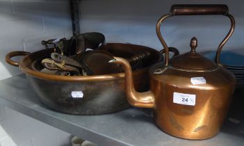 A COPPER KETTLE, TWO LARGE TWO HANDLED COPPER JAM PANS, MINIATURE COPPER KETTLES ETC....